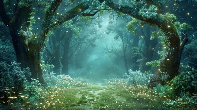 Enchanting trees with glowing leaves create a magical atmosphere in the fantasy forest illustration, inviting you to explore its wonders.