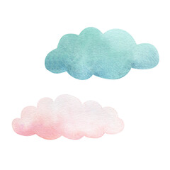 Watercolor illustration of stylized pink and blue cartoon clouds isolated, set. Watercolor texture, handmade