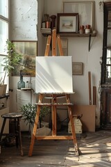 Obraz na płótnie Canvas Contemporary artist's workspace featuring chic desk, easel, and art supplies, accented with personal touches and decorative elements.