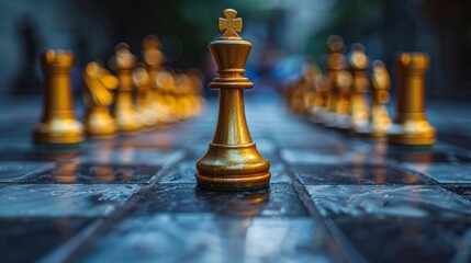 Golden King chess piece leads the way, showcasing bravery and strategy for victory in both the game and business world.