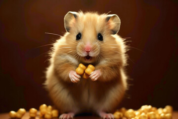 A tiny hamster stuffing its cheeks with seeds, captured mid-chew in exquisite detail, with its tiny...