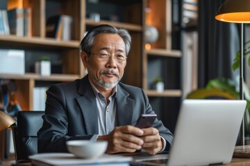 Middle-aged Asian CEO multitasks with phone and laptop, managing business online from office.