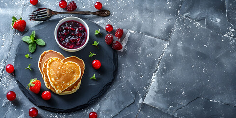Delicious Pancakes Topped with Cherry Jam and Red Currants