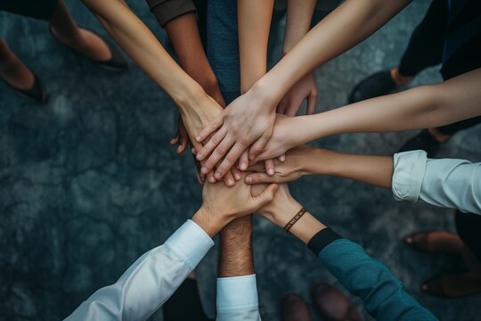 Closeup top view of young business people putting their hands, business people hands together, together working concept, strong together closeup, work together, diversity closeup, diversity concept 