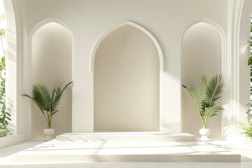 Eid alFitr Empty Podium Product Showcase with Islamic Arch and Plants