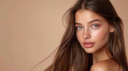 Fototapeta premium Stunning model flaunts lustrous, long brown hair and radiant, flawless skin, perfect for promoting hair and skincare products.