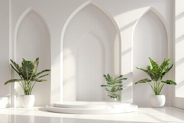 Eid alFitr Podium Presentation in White Room with Islamic Arch Background