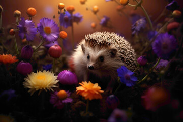 A tiny hedgehog curiously sniffing a vibrant flower while surrounded by darkness. - obrazy, fototapety, plakaty