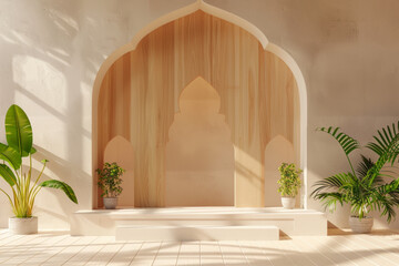 Islamic arches, plants, white room, realistic rendering, sunlight, window, resolution, photograph
