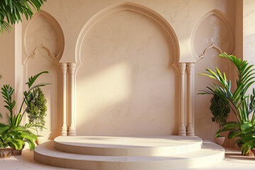 Empty podium, Islamic arches, plants, white room, realistic rendering