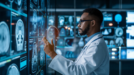 Obraz premium Doctor checking patient report on digital screen, Medical technology and network concept