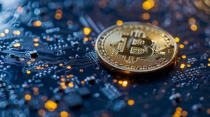 A golden bitcoin coin, a symbol of blockchain tech, sits on a circuit board, highlighting the digital age of currency.