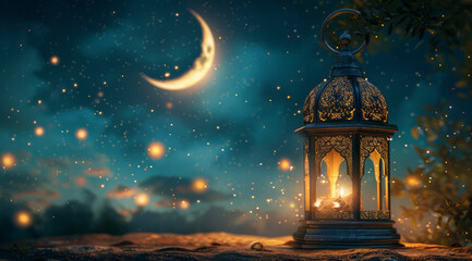 Eid mubarak and ramadan kareem greetings with an islamic lantern and moon against a night sky background