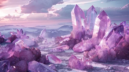 Foto op Canvas A mystical realm where the icy dunes of sandy glaciers sparkle under the light of purple crystal formations, creating an otherworldly spectacle. © Kwanruethai