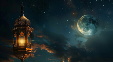 Eid Mubarak festival background with traditional Islamic lantern and crescent moon