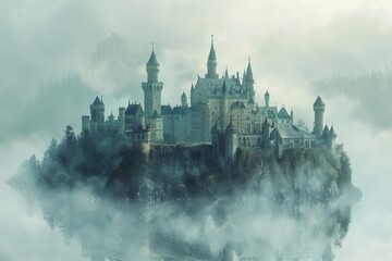 Enchanting castle on a hill, surrounded by lush forests and a serene lake, captured in a stunning digital art piece.