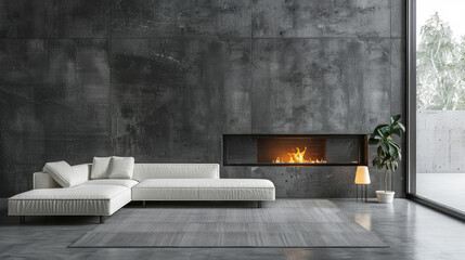 White sofa near fireplace against concrete wall. Loft, minimalist home interior design of modern living room.