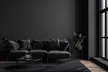 black interior of modern living room, copy space on the black wall
