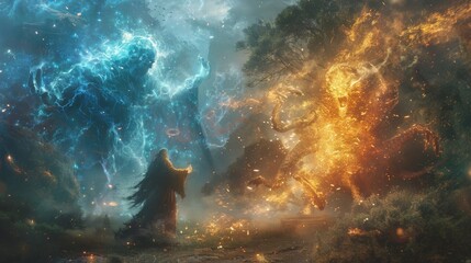 Wizards clash with powerful spells, summoning creatures and wielding ancient artifacts, while the golem stands guard over the mystical woods. - obrazy, fototapety, plakaty