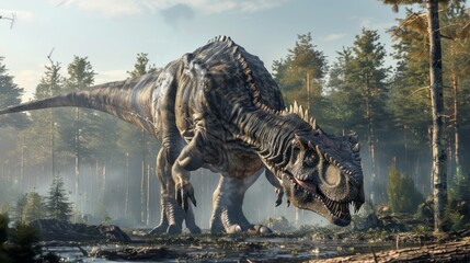 A large T-Rex is walking through a forest