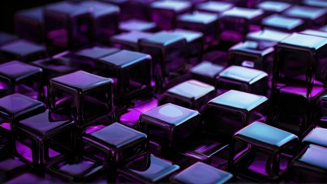 purple glass cubes, some of which are stacked on top of each other, against a black background
