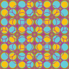 Vector, seamless, geometric, classic, symmetrical pattern of blue, yellow circles on dark pink background. 70s background pattern