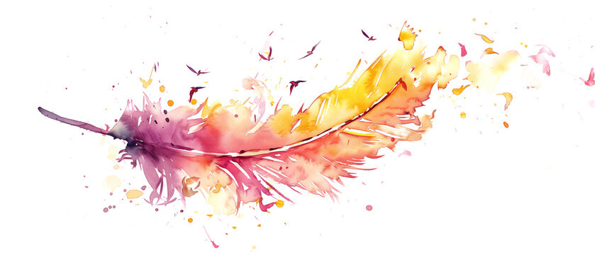 A feather transforming into birds, watercolor painting with a white background.