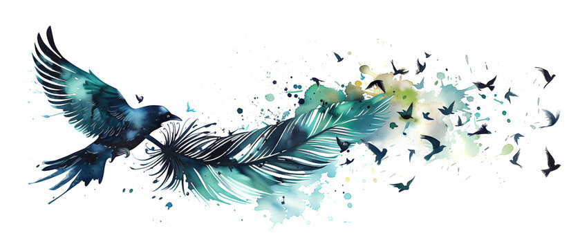 A feather transforming into birds, watercolor painting with a white background.