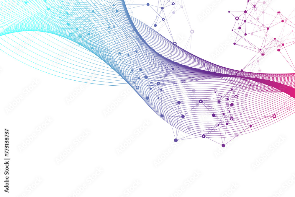 Fototapete Digits abstract illustration with connected line and dots, wave flow. Digital neural networks. Network and connection background for your presentation. Graphic polygonal background.