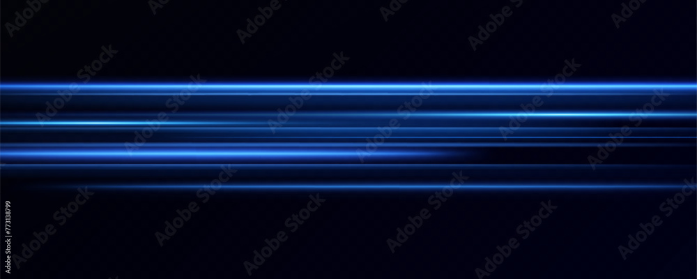 Poster neon blue horizontal speed lines. glowing stripes. laser beams. light lines of movement and speed in