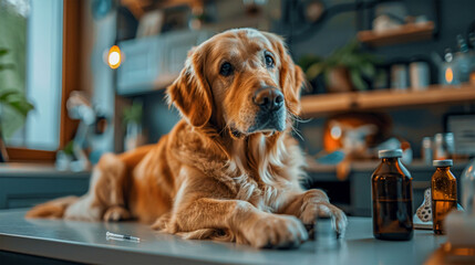 A cute golden retriever at a reception at a veterinary clinic. The dog is lying on the couch and waiting for the attending physician. - obrazy, fototapety, plakaty