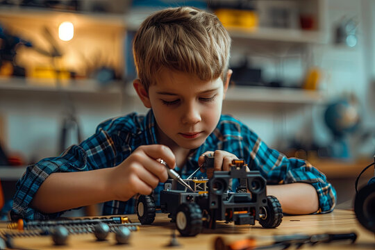 Boy using screwdriver while fixing bolts on a robot vehicle. Smart kids and STEM education
