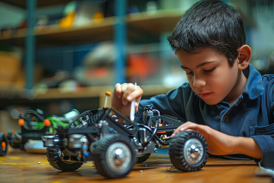 Boy using screwdriver while fixing bolts on a robot vehicle. Smart kids and STEM education
