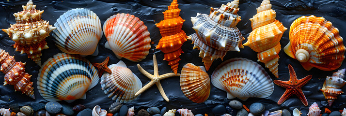 An artistic composition of sea life on black sand,
Rusty seashell background 3d image
