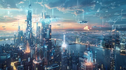 Futuristic City With Modern Buildings and Vibrant Lights