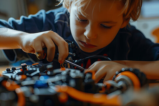 Boy using screwdriver while fixing bolts on a robot vehicle. Smart kids and STEM education
