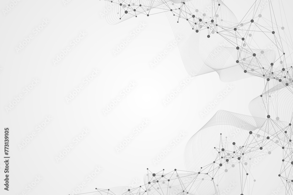 Poster Digits abstract illustration with connected line and dots, wave flow. Digital neural networks. Network and connection background for your presentation. Graphic polygonal background.