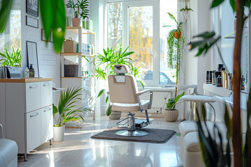 White interior of beauty salon with armshair and big window
