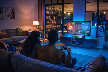 Back view of couple playing video games in modern living room