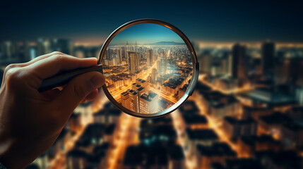 Hand holding a sharp magnifying glass inside the magnifying glass On the background of the city at...