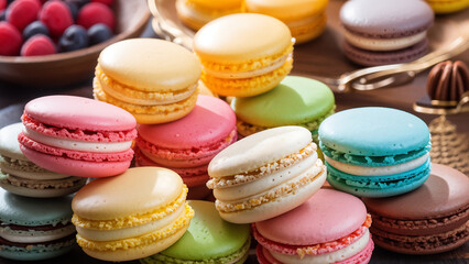 Fototapeta na wymiar Sweet and delicious French dessert macarons, colorful cookies. Generative AI.