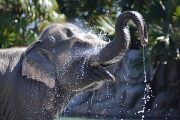 A hot summer afternoon, and this elephant was thirsty, and playing with water
 - obrazy, fototapety, plakaty