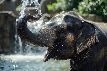 A hot summer afternoon, and this elephant was thirsty, and playing with water
 - obrazy, fototapety, plakaty