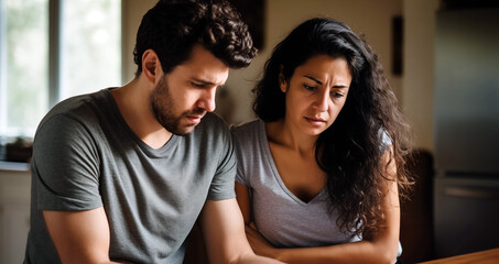 A couple, man and woman, looking worried sad or distressed. Concept for marital upset or financial stress.