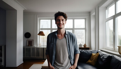 Fototapeta premium A young man happy male model in his home or house concept