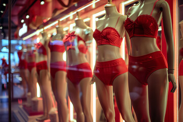 mannequins in red underwear in lingerie shop