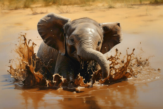 A sweet-faced baby elephant splashing playfully in a mud puddle, its wrinkled skin gleaming with moisture as it enjoys a refreshing moment of fun.
