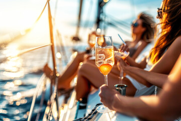 Group of friends relaxing on luxury yacht, drinking cocktails and having fun together while sailing in the sea - 773140357