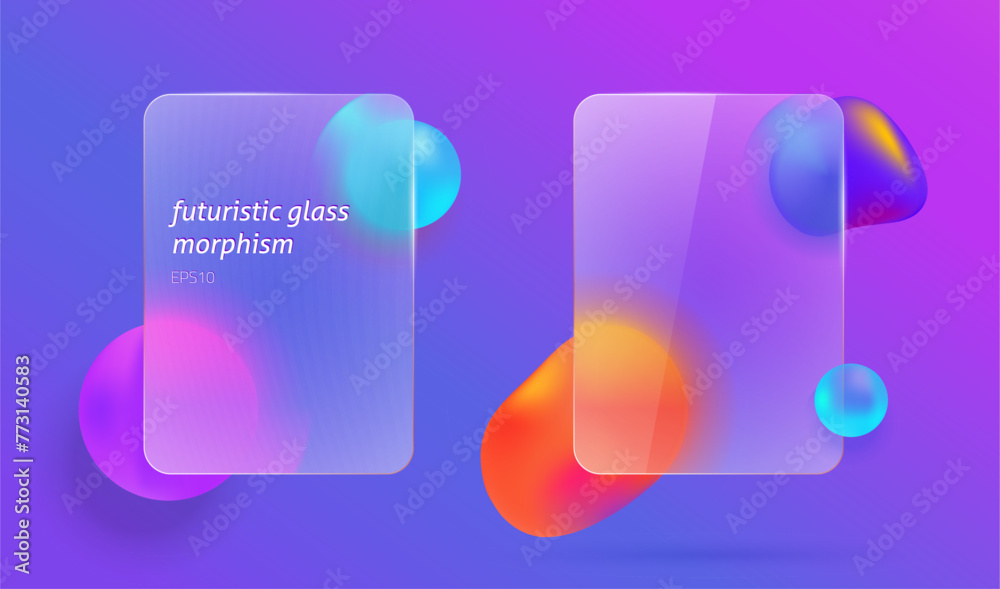 Fototapete 3d blurry glass morphism neon colorful transparent geometric floating set vector graphic illustration, mate rectangle plastic screen purple magenta element realistic modern text frame design window