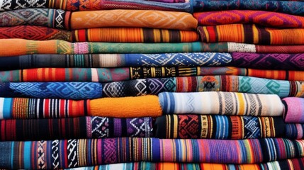 A pile of colorful blankets and scarves - obrazy, fototapety, plakaty